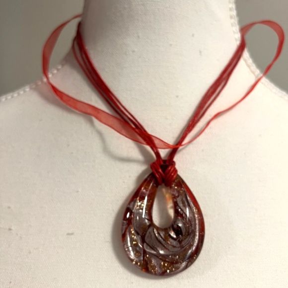Murano Art Glass Red Pendant With Silver Tone Lobster Claw Clasp 18" Necklace - Picture 1 of 8